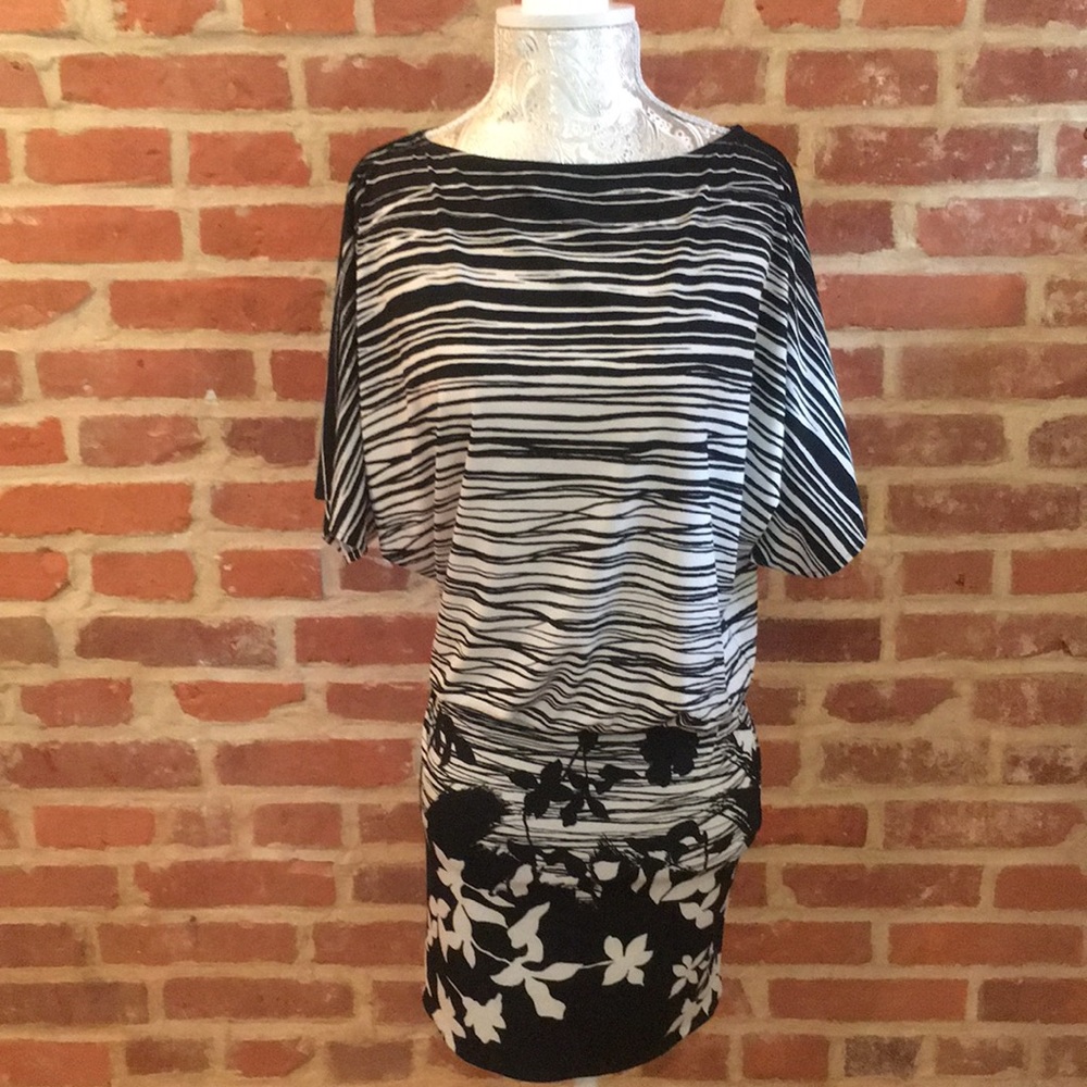 BCBG Maxazria boat neck pattern mini dress.